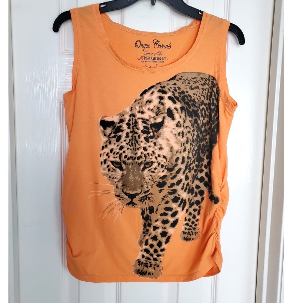 Onque Casuals Tank Top Orange Leopard Print Graphic Ruched Side Safari S